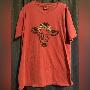 Pink girlie girls cow with leopard bandana graphic tee L